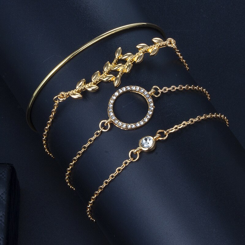 4 unids/set brazaletes Simple hueco círculo hoja rama Simple redondo cristal cadena pulsera abierto brazalete para mujer oro
