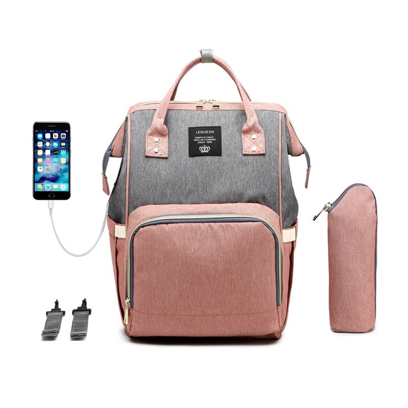 LEQUEEN Windel Taschen USB Mumie Mutterschaft Windel Tasche Große Baby Tasche Wasserdichte Reise Rucksäcke Pflege Taschen für Baby Pflege: Pink-Gray