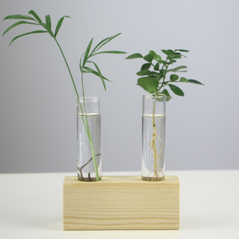 Florero de cristal para el hogar, florero de tubo de ensayo, soporte de madera, macetas de flores para plantas hidropónicas, decoración de jardín