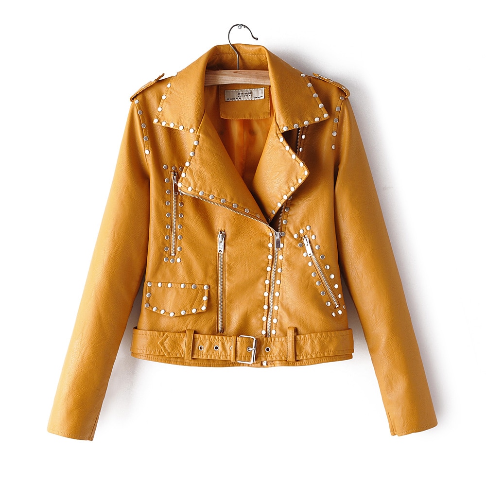 Chaqueta de cuero negro de piel de imitación de cuero de manga larga de motociclista de mujer chaquetas y abrigos casuales chaquetas cuero mujer: Amarillo / M