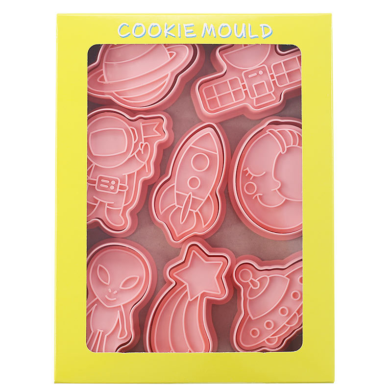 8 st/set kakformar plast 3d främmande ufo form tecknad pressbar kexform kakstämpel kök bakning bakverk bakverk