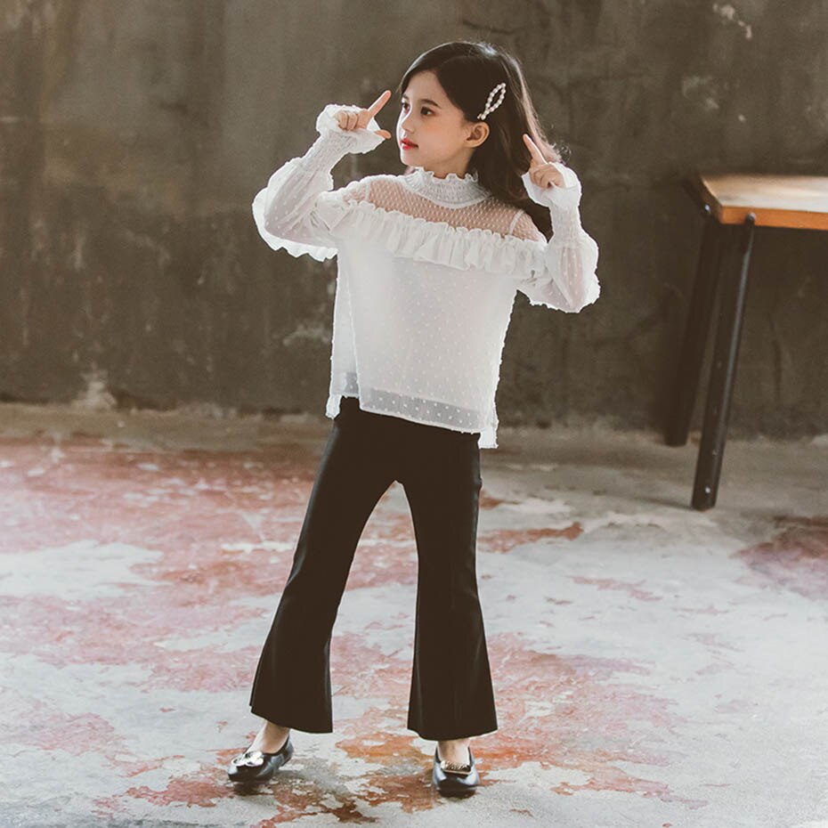 Blouse For Girls Mesh Children's Wihte Shirts For Girl Dot Pattern Girls School Blouse Casual Style Big Girls Clothes