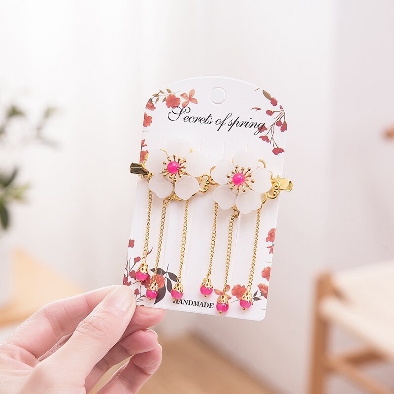 2 stuks antieke chinese haarspelden voor meisjes, bloemen, haarkam, clip, kwastje, haarspelden, kinderhoofddeksels, haaraccessoires: B fuchsia