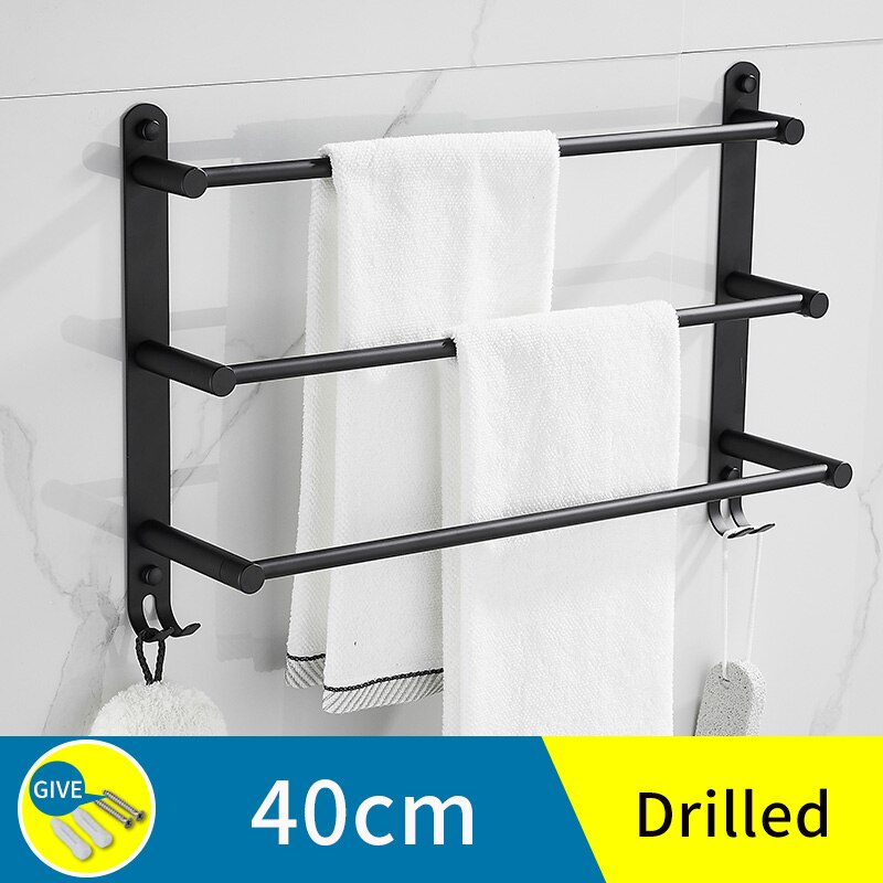 Bathroom stainless steel towel bar towel holderwall mounted screw free installation black towel holder shelfs racks with hooks: B-40cm(drilled)