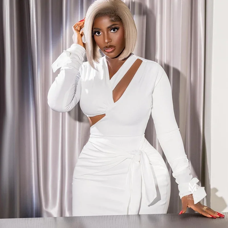 Sort/hvid bodycon-kjoler til kvinder langærmet udhulet snørebånd rygløs bandage festkjole klub vestido branco: M / Cremet-hvid