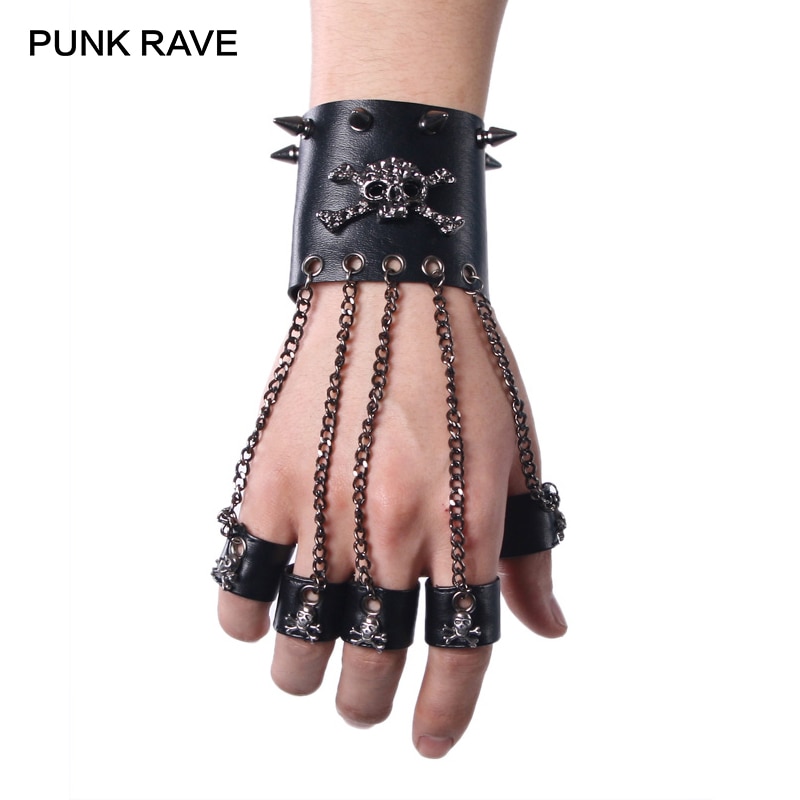 Punk rave rock stil mand kranium spike handske gotiske mænd armbånd handske steampunk pu læder kranium manchet-en handske