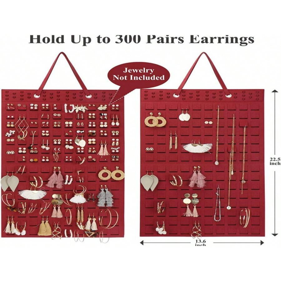 300Pairs Hanging Jewelry Organizer Bag for Earrings Necklace Bracelets Display Storage Double Sided Felt Rotating Hanger Joyero: Red