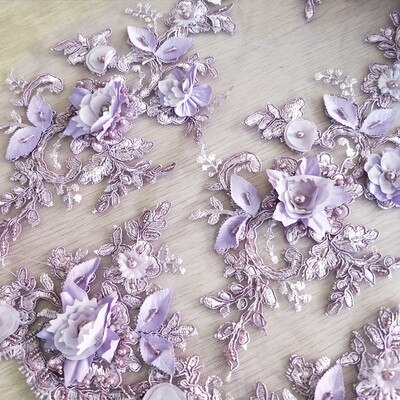 9 färg guld lila svart vit röd bröllopsklänning spets tyg 3d chiffong blommor nagelpärla spets tyg  rs35: Ljuslila