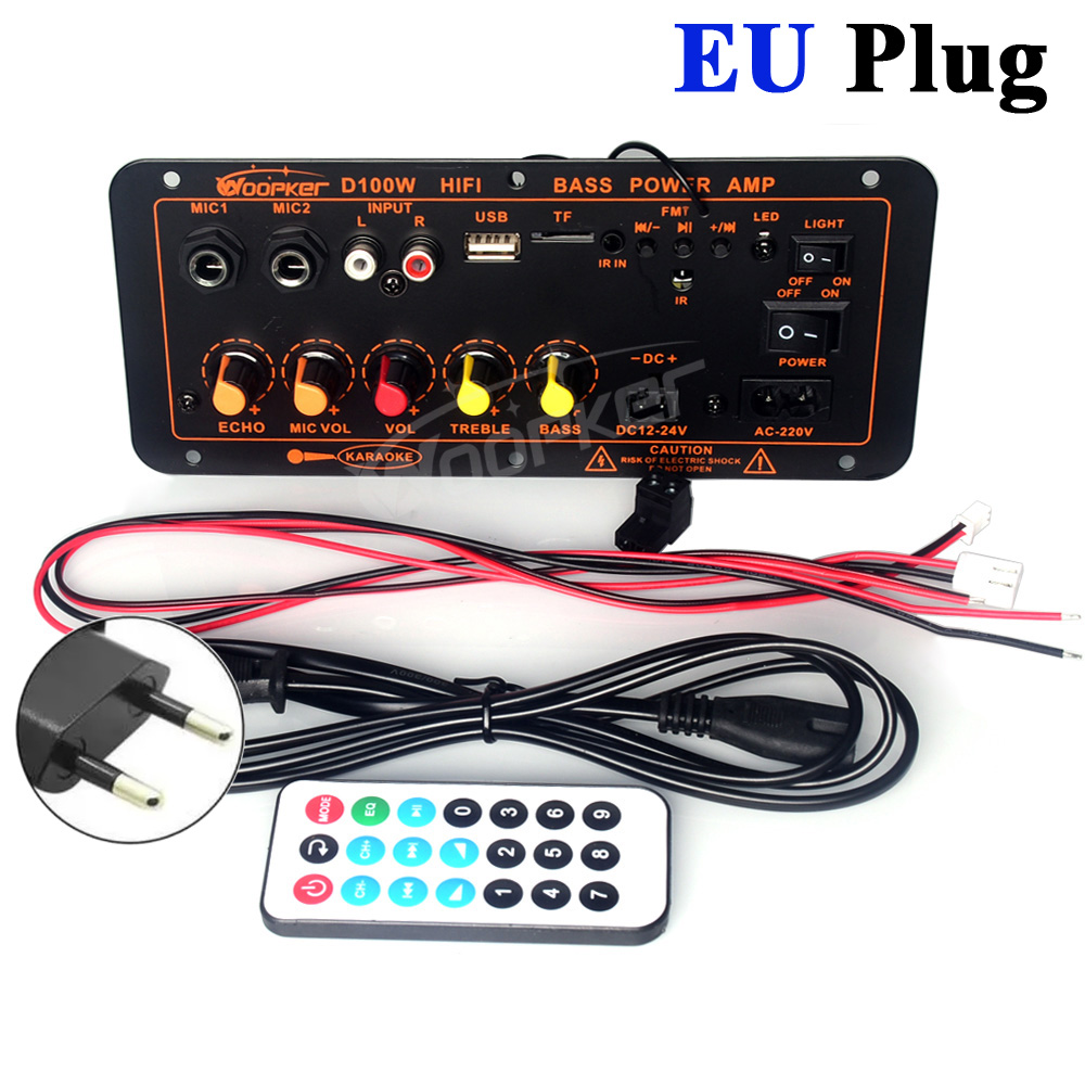 Woopker-placa amplificadora Bluetooth D100W, amplificador Digital Max 300W, 220V/12V/24V, compatible con micrófono Dual, reproductor MP3: TRANSPARENT