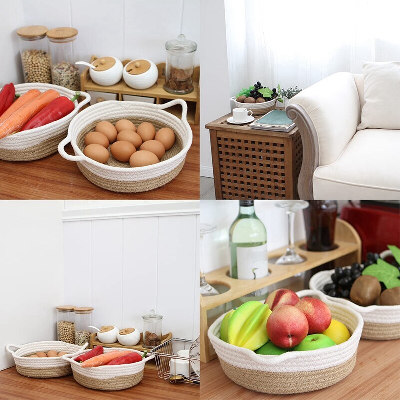 Paquete de 2 cestas de cuerda de algodón, canasta de almacenamiento tejida pequeña, bandeja de tela, tazón, plato abierto redondo para frutas, joyería, llaves