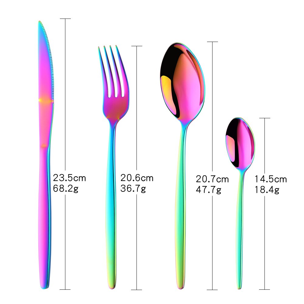 4 stk rustfrit stål guld servise sæt farverigt bestik sæt middag kniv gaffel ske regnbue bærbare bordservice redskaber hjem: Regnbue