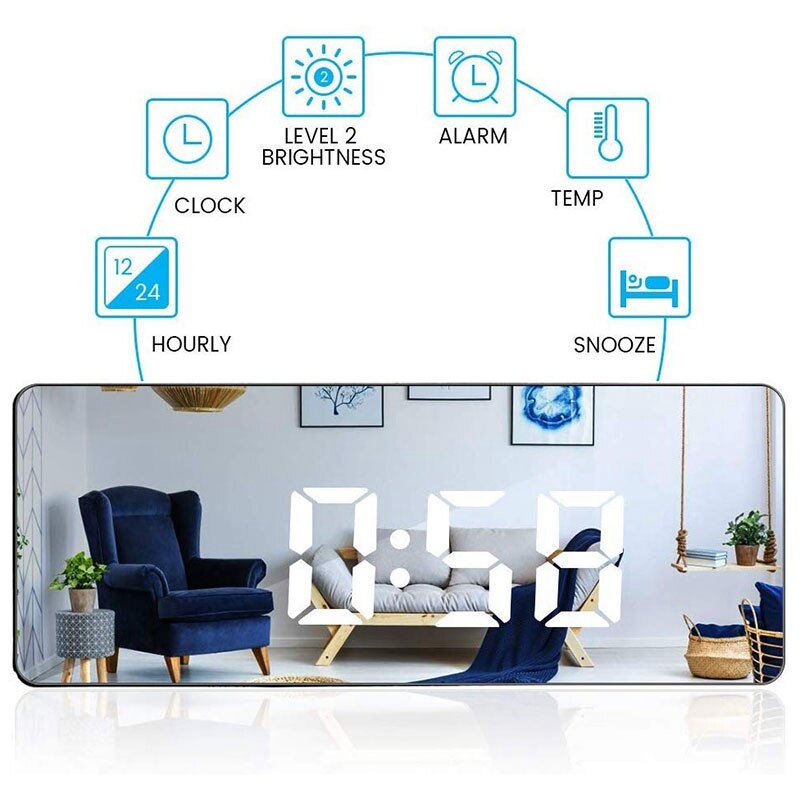 Digital Alarm Clock,Alarm Clocks for Bedrooms,LED Alarm Clock with Mirror Function,USB Port Charging,Battery Powered,Snooze,Temp