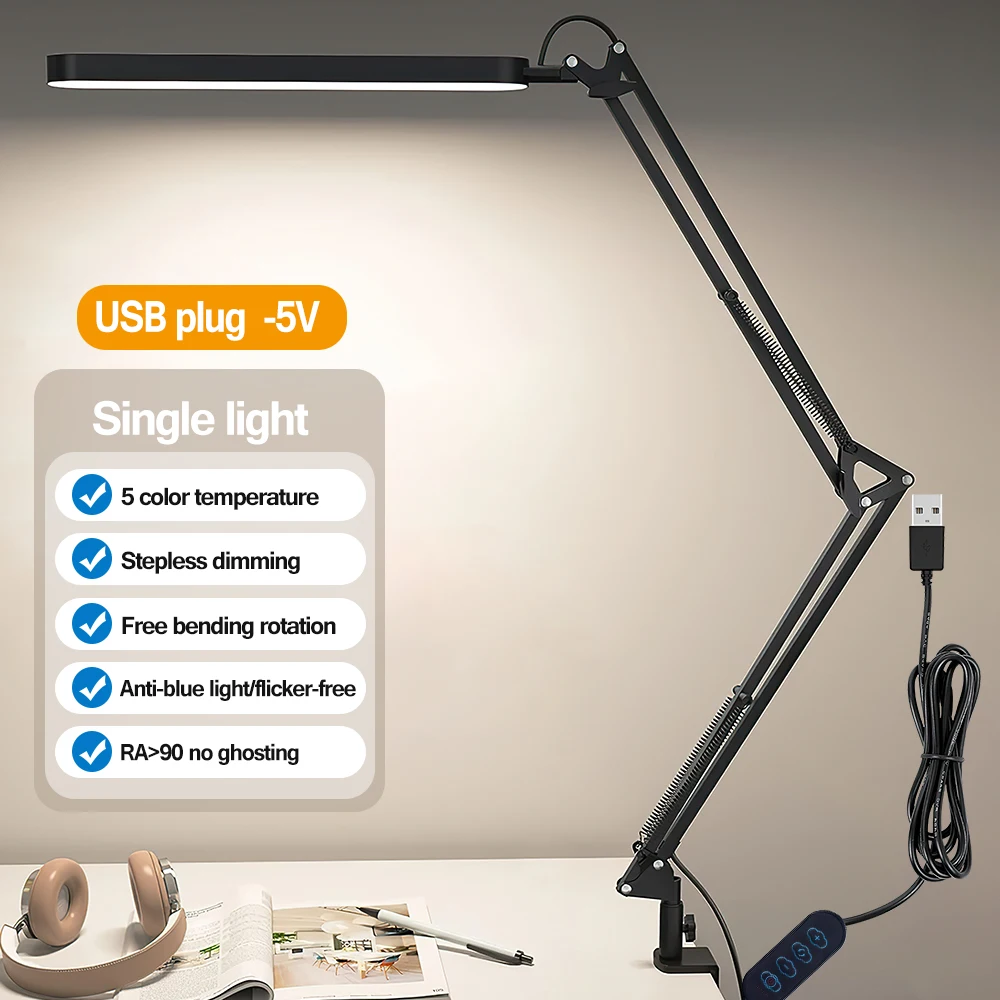 Study LED Table Lamp with Clamp School Computer Desk Lamps Folding Office Light 10 Brightness Dimmable: black