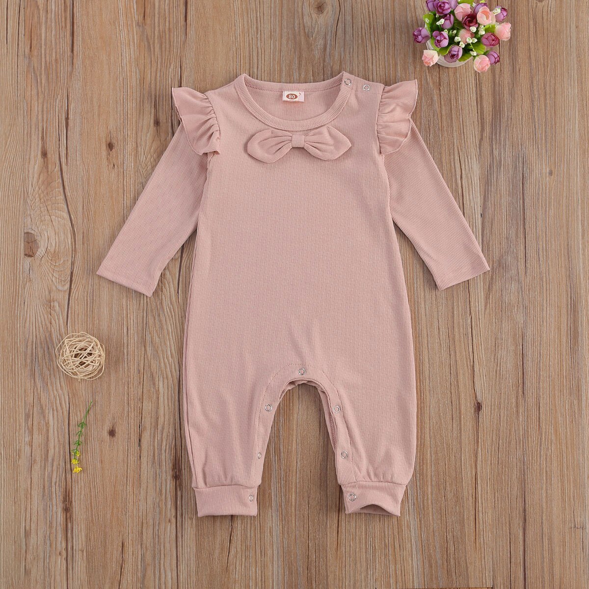 Baby Baby Meisjes Effen Kleur Geribbelde Jumpsuit Peuter Jongen Meisje Lange Flying Mouwen Boog Geribbelde Romper Strikje Knop Broek