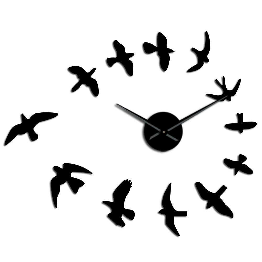Frameless DIY Large Clock Wall Watch Nature Room Decor Mirror Decorative Flock of Flying Birds Modern Fashionable Luxury: Black / 37 Inch