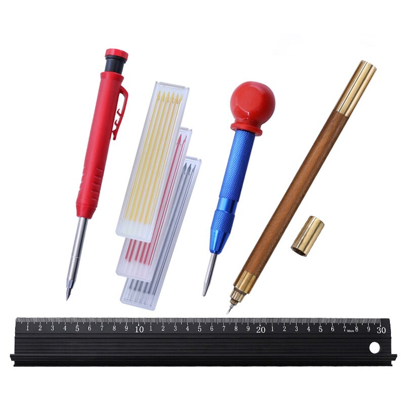 Carpenter Pencil Set Solid Woodworking Construction Marker with Center Punch Built-in Sharpener Deep Hole Mechanical Pencil Tool: Set H