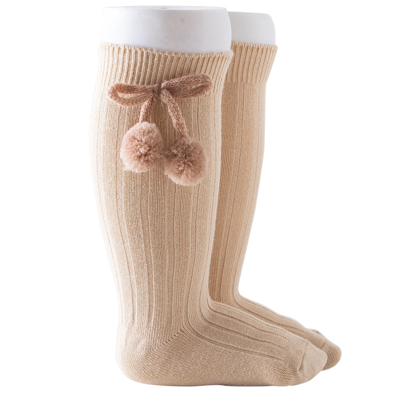 6 Colors Unisex Children Cherry Poms Ball Knee High Socks Baby Toddler Tube Socks For Kids Girls Boys Cherry Knitted Sock 2-6Y: khaki / L(2-4T)