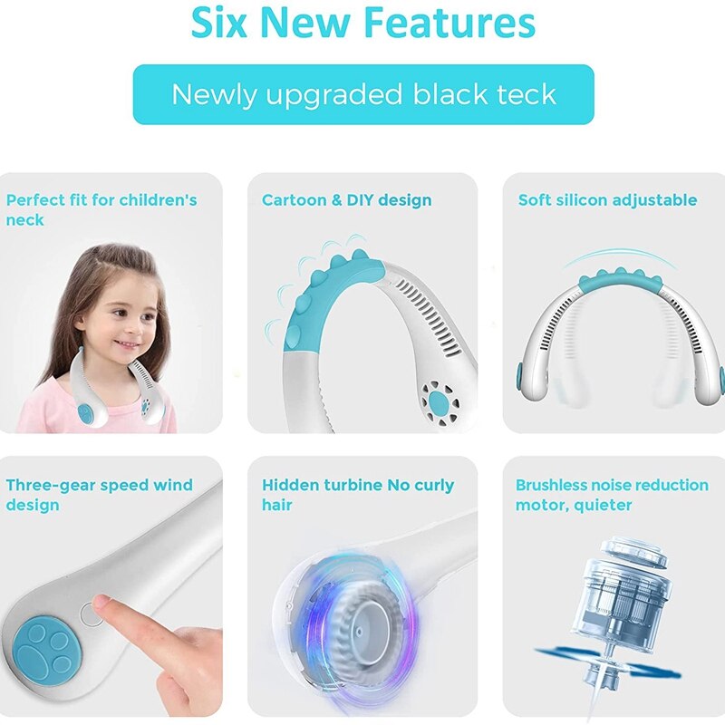 Tragbarer nackenventilator für kinder, blattloser ventilator, usb-wiederaufladbar, batteriebetrieben, hängender mini-ventilator, blattloser ventilator