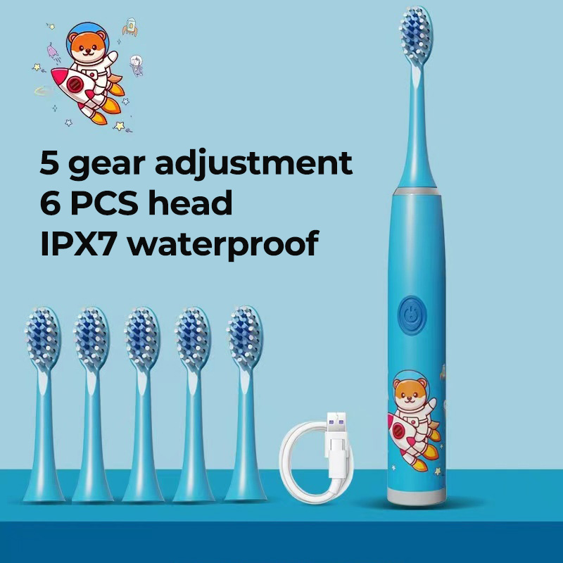 Children Sonic Electric Toothbrush Colorful Cartoon For Kids Ultrasonic Soft Fur Automatic Waterproof With Replacement Heads: Ivory