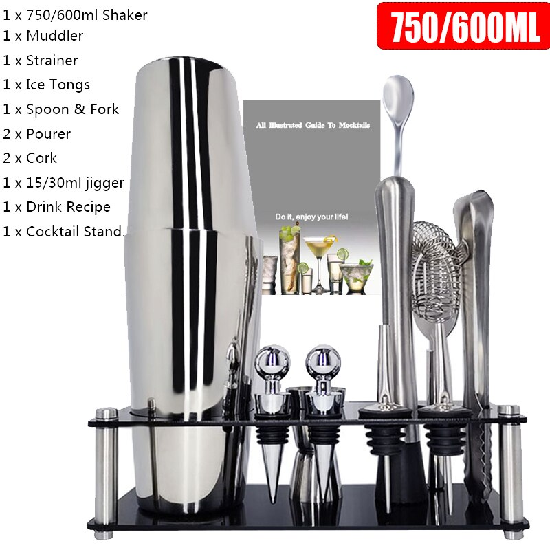 12 Stuks Barman Kit Bevat Shaker Rack Schenker & Ice Tong Cocktail Shaker Premium Shaker Bar Set: 12Pcs 750 600ml