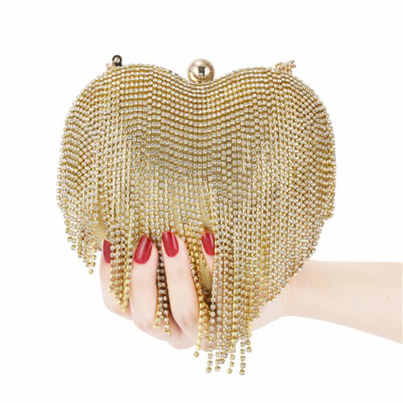 Vrouwen Diamanten Bruiloft Clutch Bags Kwastje Banket Portefeuilles Voor Dames Heart Shaped Party Schoudertassen Met Ketting MN1586