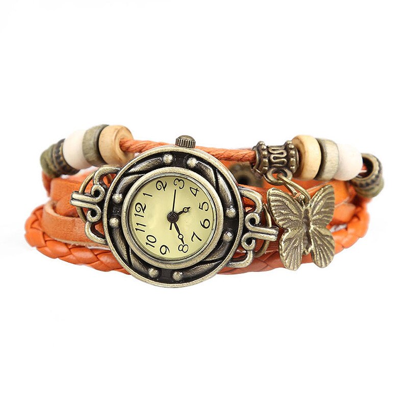 Vrouwen Retro Armband Polshorloge Weave Wrap Faux Lederen Vlinder Kralen Hanger Chain K2: orange
