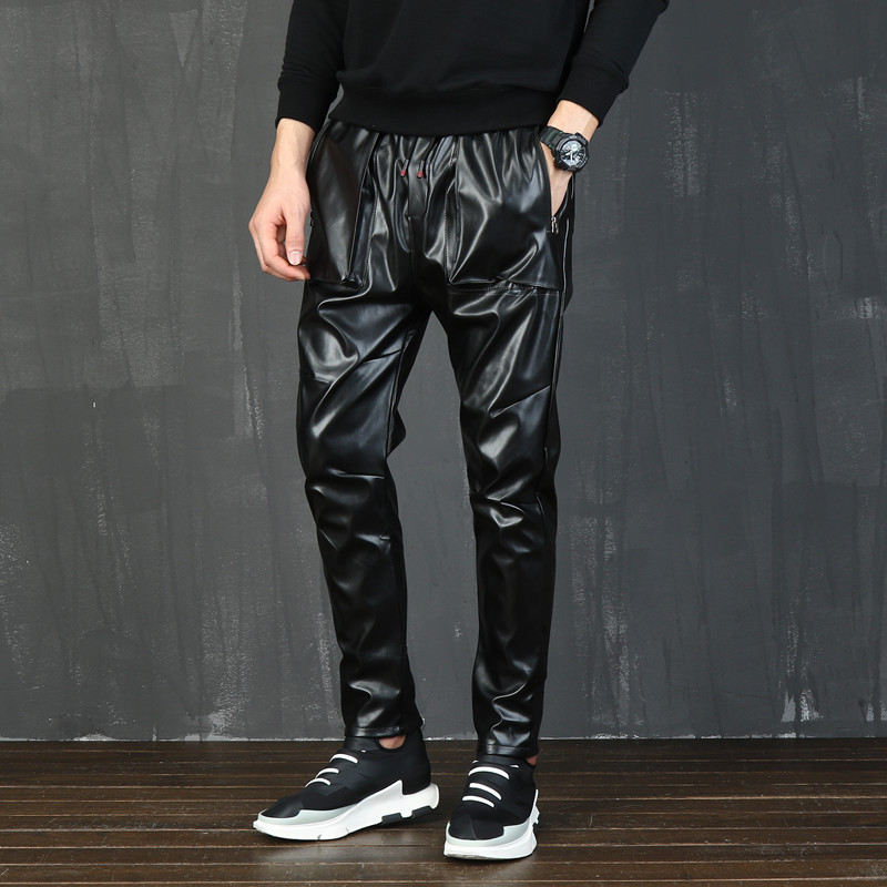Mens Punk Moto Faux Leather pants Male Crotch Harem Pants Street Dance DJ Slim Joggers Drawstring Night Club trousers 71006