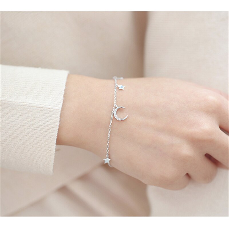 Silver Color Art Moon Stars Bracelet With Zircon Friendship Chain Bracelets Star Moon Charm Bracelets For Women Girl