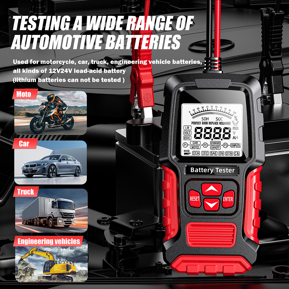 Blei-Säure-Batterie-Test, Autobatterie-Tester, 12 V, 24 V, Messung, Diagnose-Tool, LCD, digital, für Fahrzeug, LKW, Motorrad, SUV
