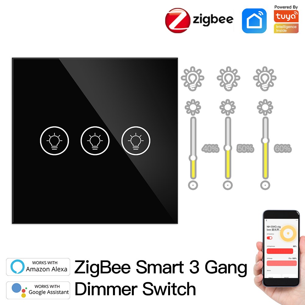 ZigBee – interrupteur variateur de lumière intelligent multi-gangs, contrôle indépendant, application Tuya, fonctionne avec Alexa Google Home, 1/2/3 gangs: EU 3 Gang Black