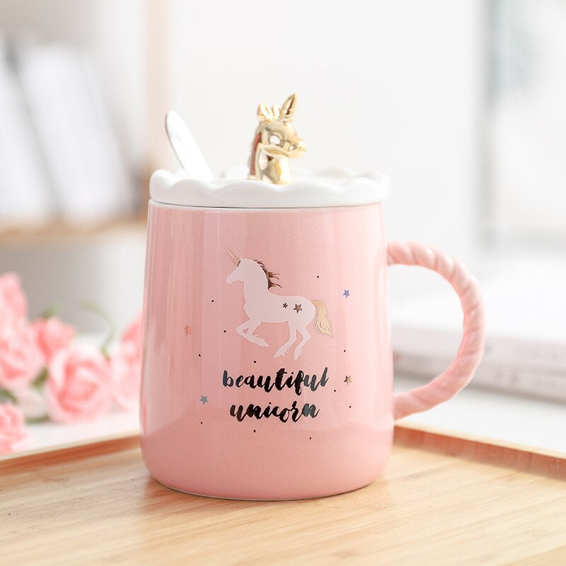 Taza de unicornio rosa, Taza de cerámica con tapa, cuchara creativa, tazas de café de agua: B