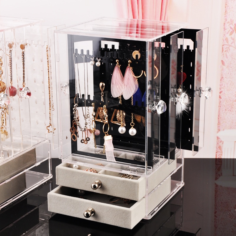 Multifunctional Transparent Plastic Jewelry Jewelry Storage Box Dust Earrings Finishing Box Desktop Vertical Rack