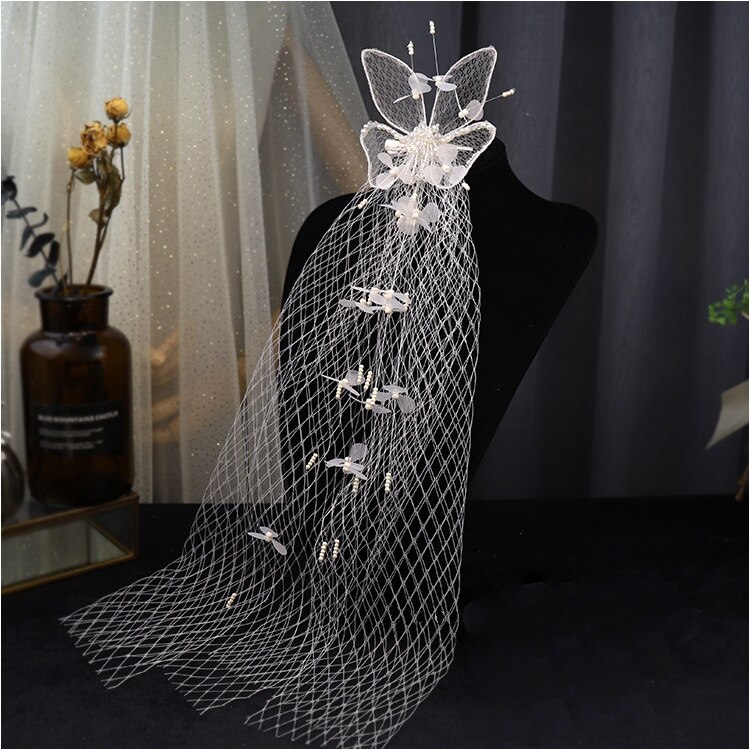Mori koreaanse stijl prachtige zijden mesh sluier driedimensionale vlinder parelrand clip lange sluier trouwjurk haaraccessoires