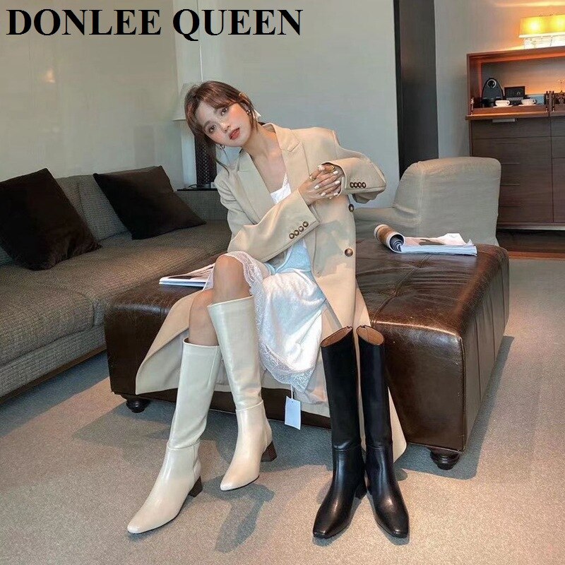 Vinter knehøye støvler kvinner med hæl lange støvler glidelås firkantet tå sko kvinner casual chelsea støvler for kvinner merke sko