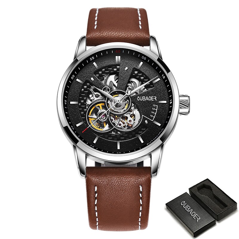 Oubaoer Heren Horloges Mechanische Automatische Top Luxe Tourbillon Self Winding Lederen Sport Polshorloge: Brown