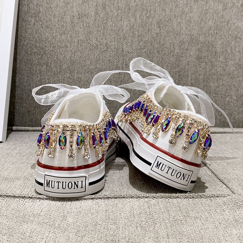Baskets femmes perles cristal chaussures femmes toile chaussures loisirs à lacets baskets basses noir blanc basket Femme