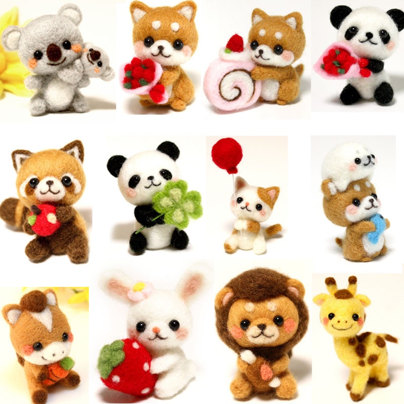 1 ensemble de laine pour feutre à l'aiguille panda, chats, chiens, lapin, cerf, lion, timbres, ensemble Shiba Inu animaux