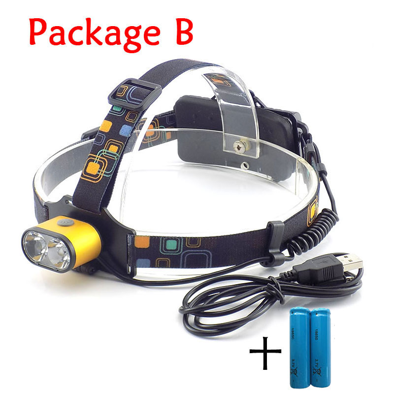 Krachtige Dual T6 LED Koplamp Hoofdlamp Lamp Licht Zaklamp Camping Koplamp Wit LED verlichting Oplaadbare Lanterna 18650: Package B / Gold