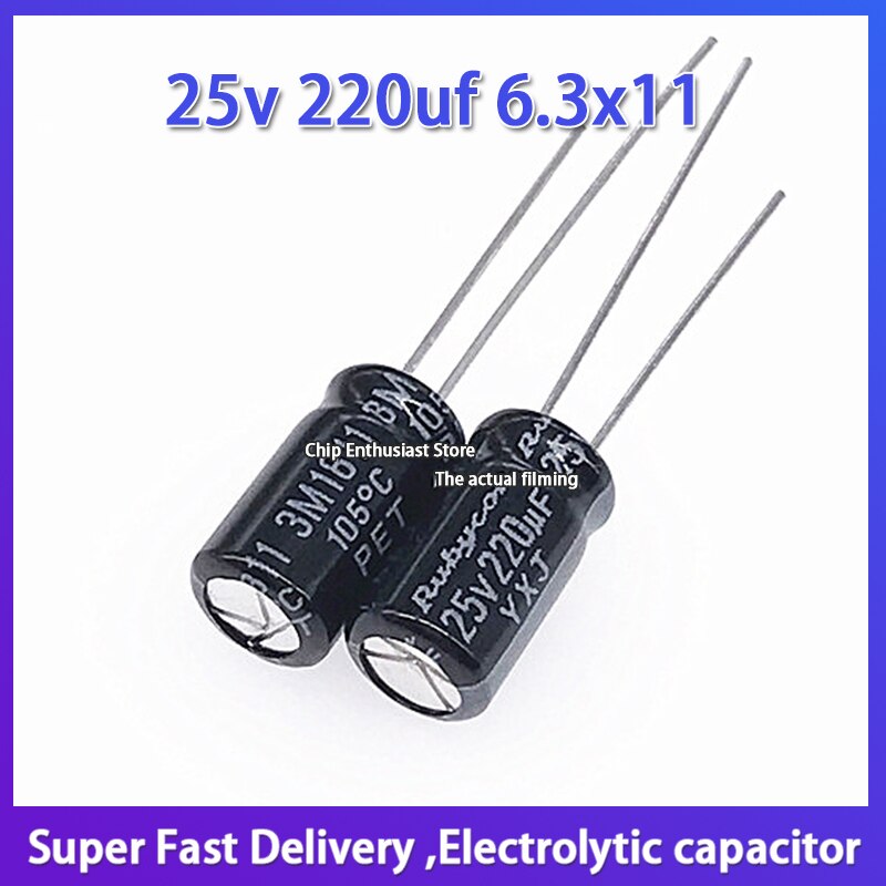10 Condensatori Elettrolitici 220uF 25V 6x7mm, Alluminio, 105&deg;C