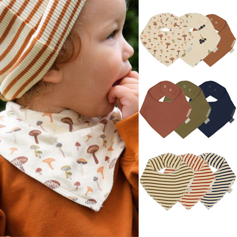 Baby Bibs Infant Soft Cotton Bib Newborn Solid Color Stripe Snap Button Triangle Saliva Towel Boy Girls Feeding Drool Burp Cloth