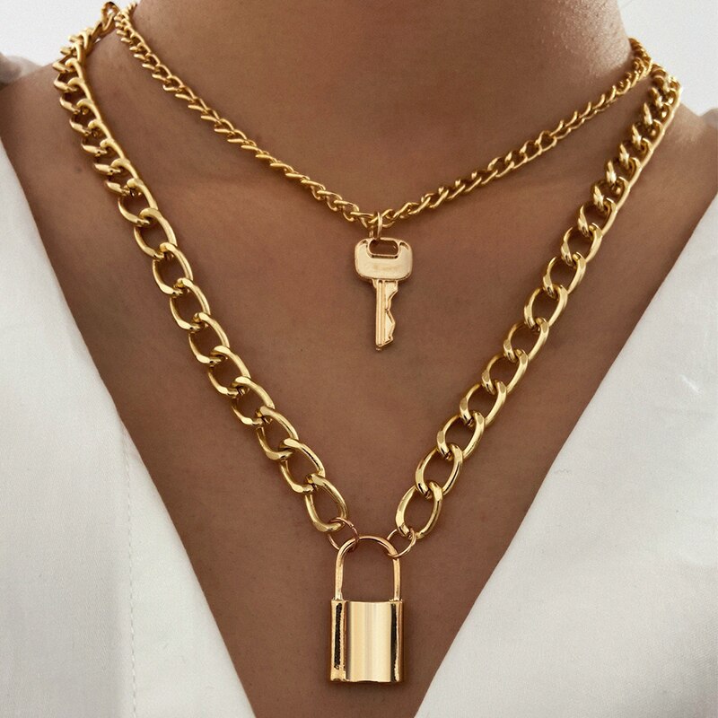 Trendy Key Lock Pendant Necklace For Women Men Punk Big Chunky Chain Multilayed Lock Pendant Necklaces Jewelry Party: CS5757