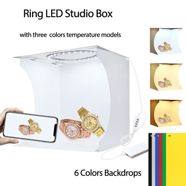 PULUZ – Mini Studio Photo LED pliable sans ombre, Kit de tente de prise de vue et boîte à Photo avec arrière-plan de 6 couleurs: 20cm Ring LED