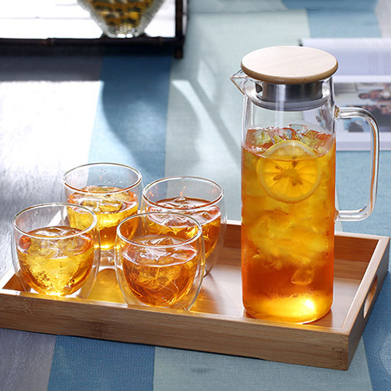 Jarra de vidrio de 1500ml con tapa de madera de bambú, jarra de agua de vidrio, utensilios para el hogar, cocina, comedor y Bar
