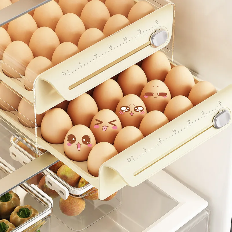 Kitchen Fridge Drawer Style Egg Tray Double Layer Egg Storage Box Timer Egg Box Freshness Preservation Container Home Goods