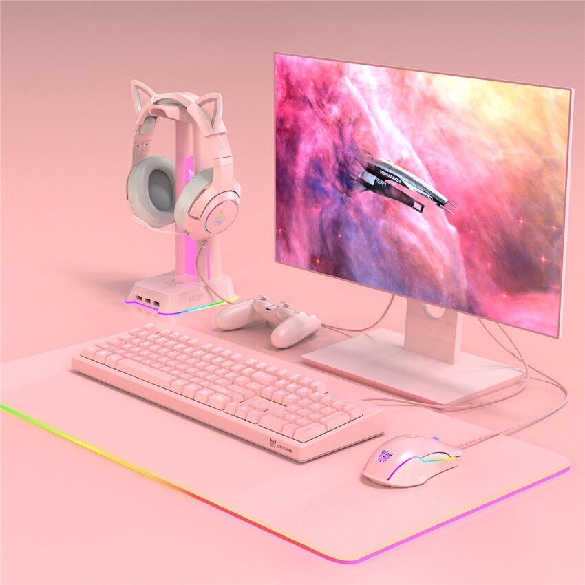 ONIKUMA K9 USB Gaming Headset casque Pink Cat Ear 7.1 Surround Sound Stereo Headphones with Mic & LED for PC Gamer