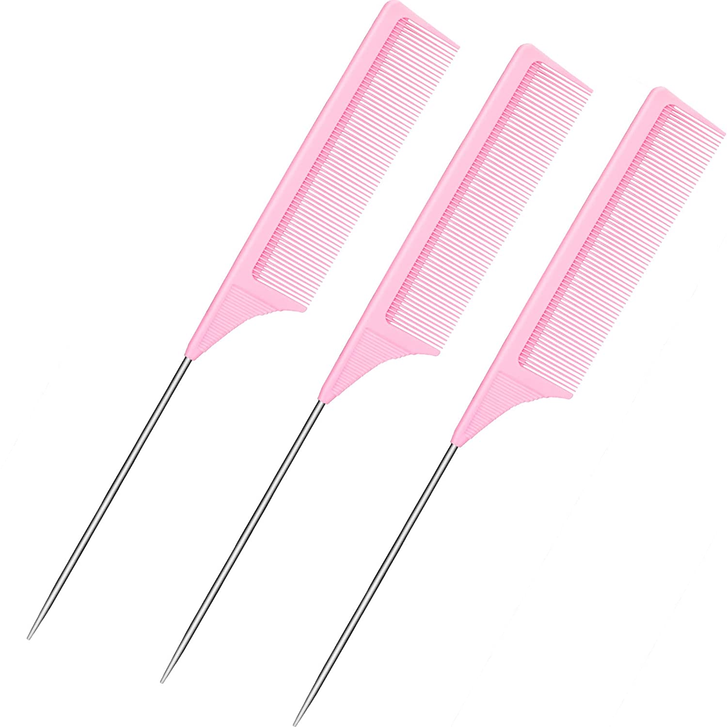 Peigne queue de Rat en acier, 3 paquets, peigne taquin résistant à la chaleur en Fiber de carbone avec queue de Rat en acier inoxydable: Rose