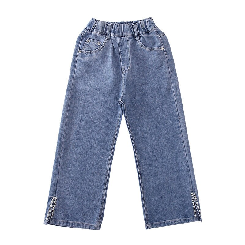 Pantalones vaqueros con perlas para niña, pantalón de pierna ancha recta, estilo informal para niño, ropa para Adolescente de 6, 8, 9, 10, 12, 14 años, primavera y otoño