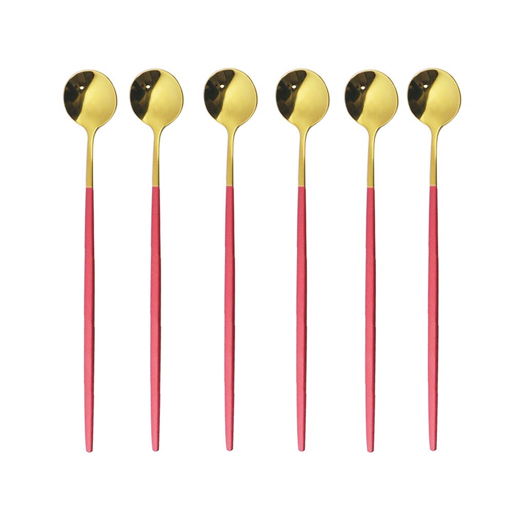 6Pcs Rainbow Long Hangdle Spoon For Polished Stirring Drink Dessert Ice Cream Spoon Cutlery Flatware Steainless Steel Tableware: RedGold
