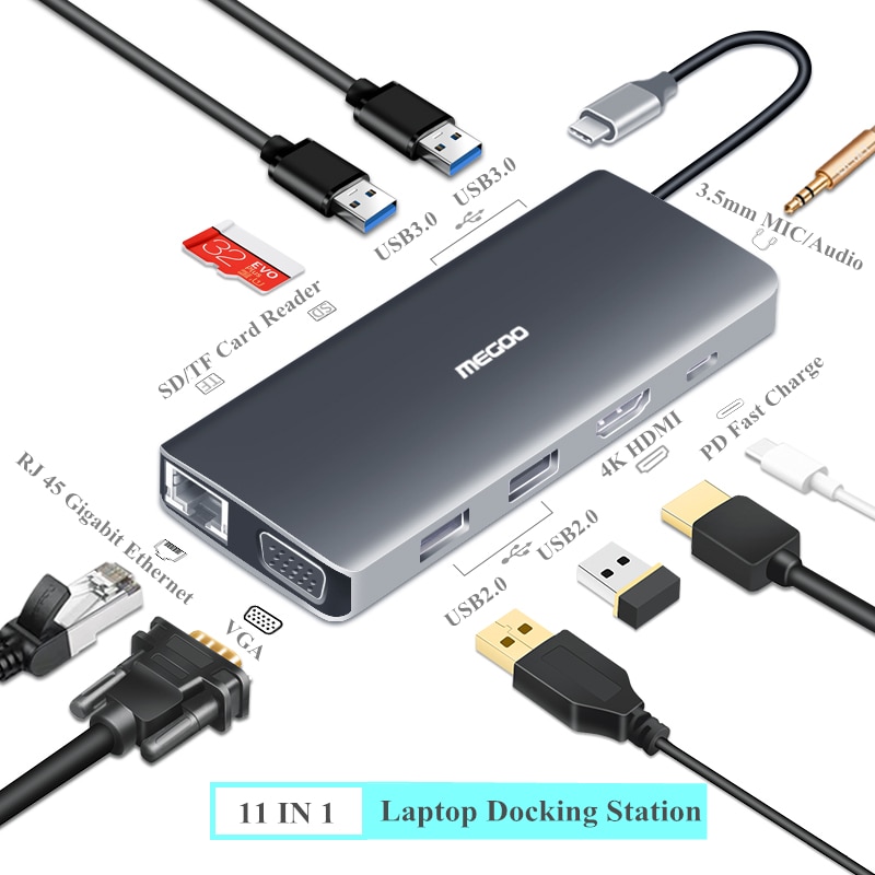 Megoo USB C Laptop Docking Station to VGA/HDMI/Ethernet/USB3.0/Audio/PD Charge Type C Docking Station For Surface Go/Mac Pro