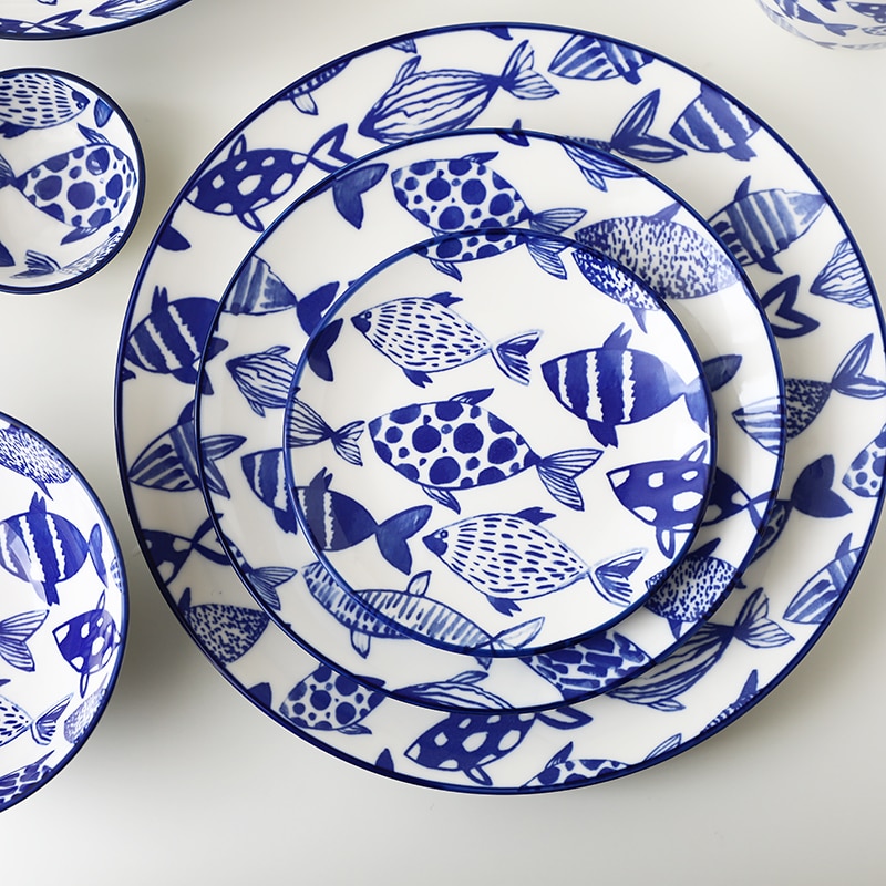 Serie con marino azul, vajilla con bajo vidriado de peces de la Marina, plato occidental, juego de cuencos de arroz de cerámica